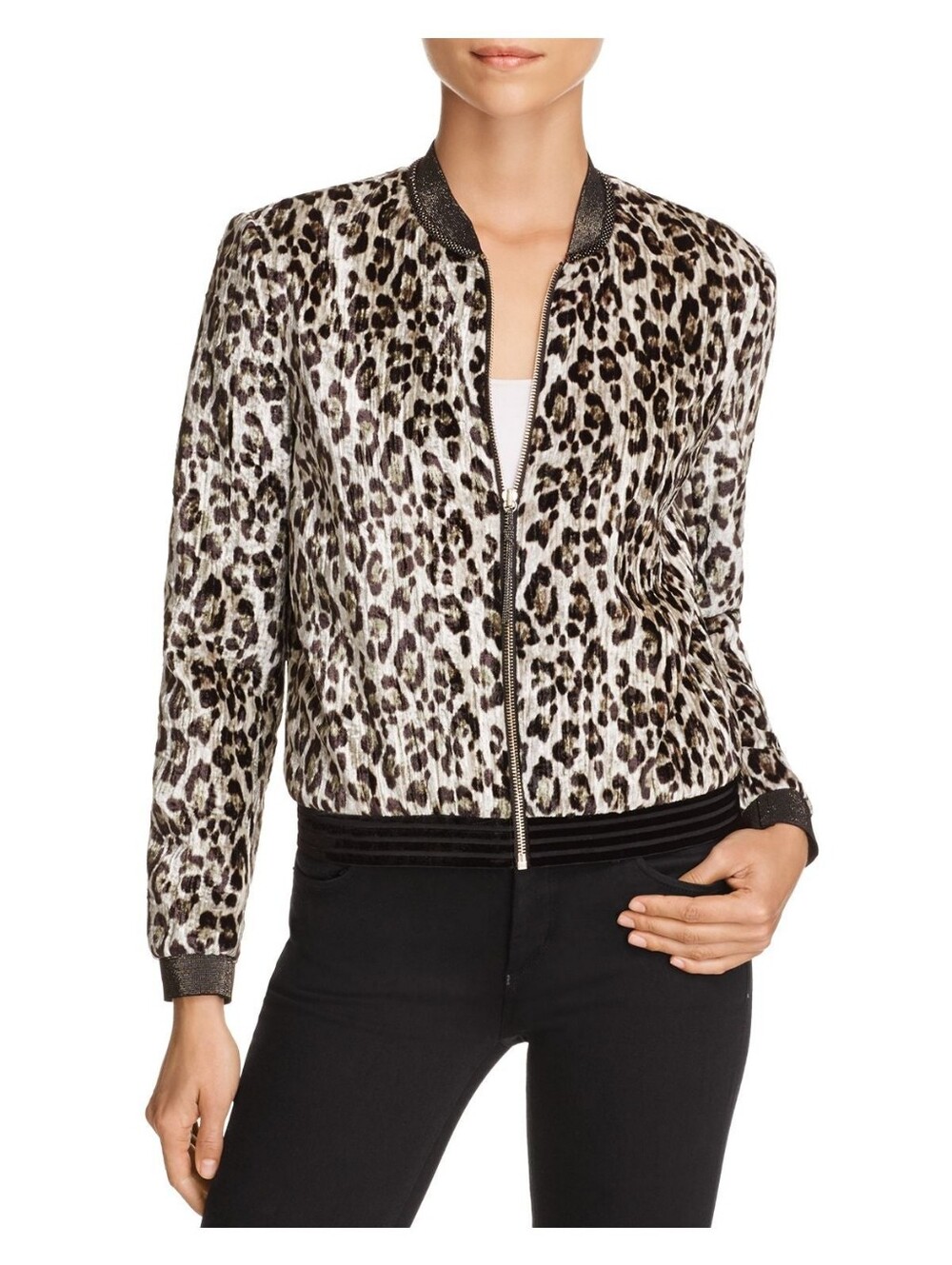 T Tahari Leopard-Print Bomber Jacket in Black and Brown Size Xs